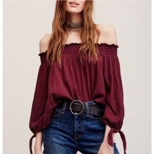 Free People “Lexington” Red Off-Shoulder Blouse – Size L – Boho Casual – GUC